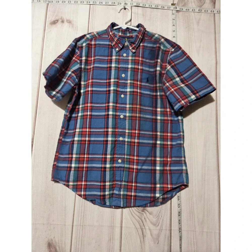 Ralph Lauren Shirt Boys Large Blue Red Plaid Short Sleeve‎ Button Down Casual